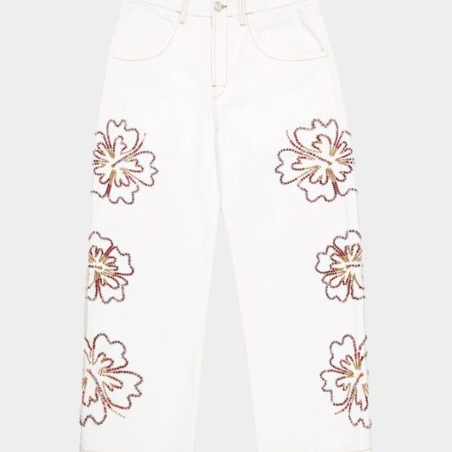 우븐 자수 히비스커스 데님 팬츠